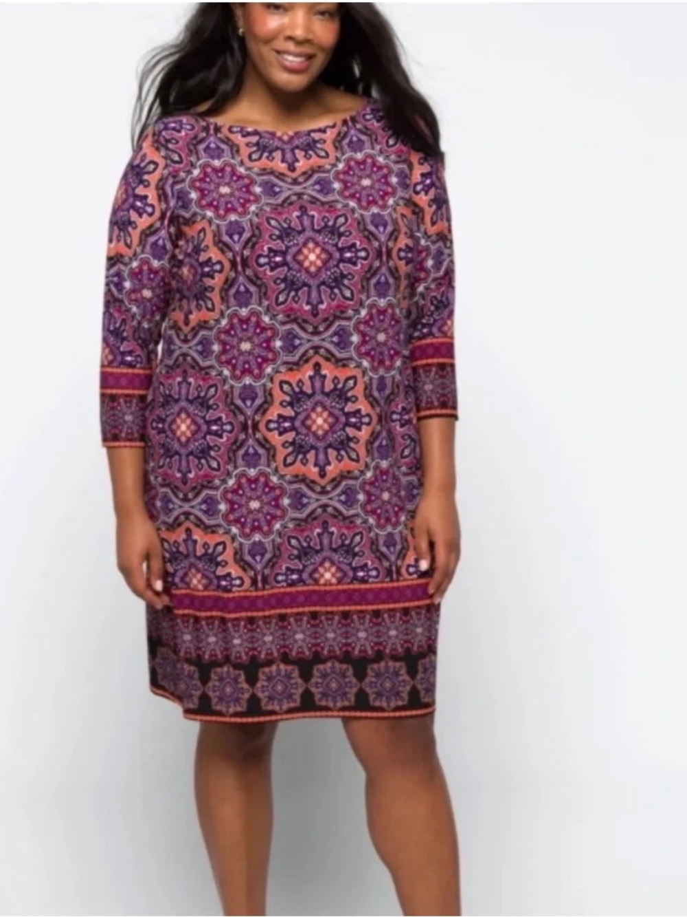 Printed Purple & Orange Midi Shift Dress - Women's